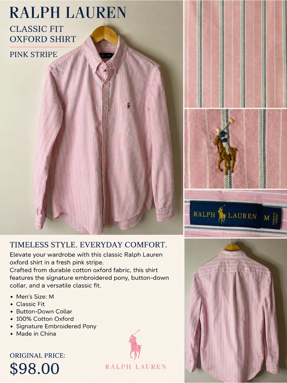 Ralph Lauren Men’s M Classic Fit Oxford Shirt Pink Green Navy Stripe Pony